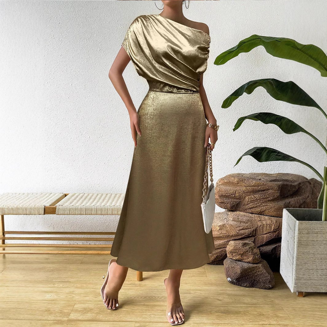 Solid Satin One-Shoulder A-Line Midi Dress