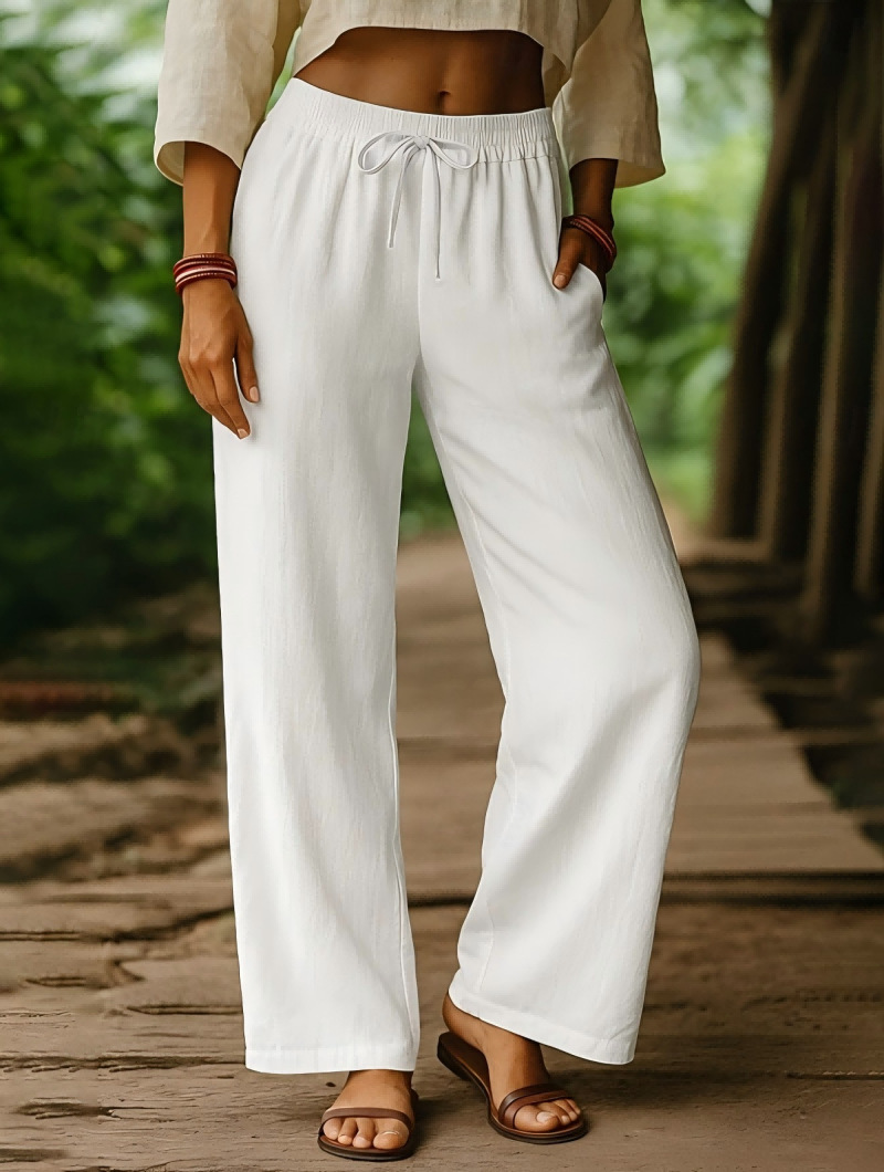 Women's Cotton-Linen Wide-Leg Pants High Waist Drawstring Casual