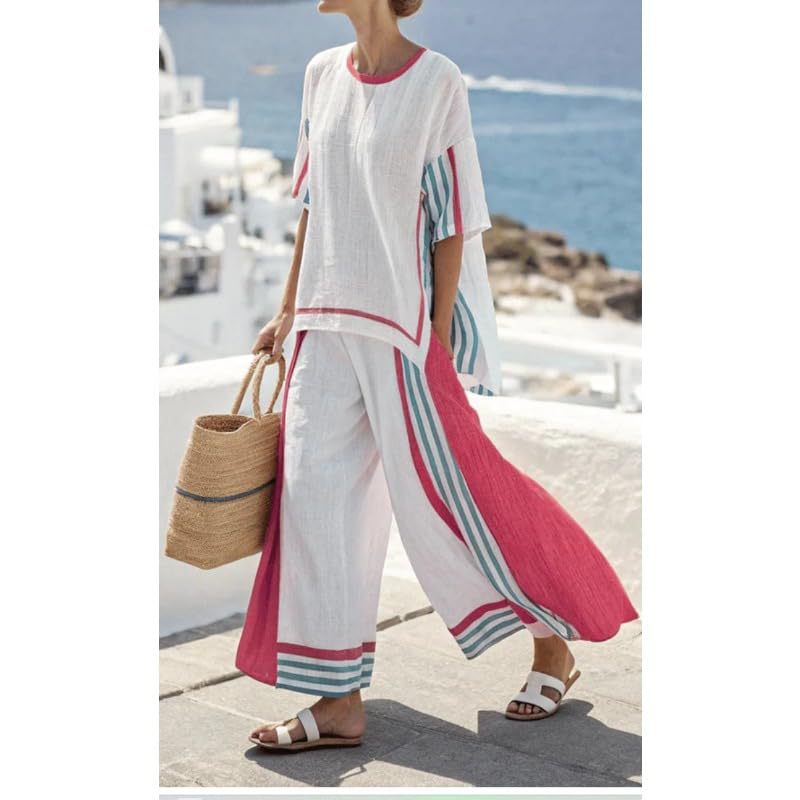 Bohemian Print Crewneck Short Sleeve Top and Pants Casual Set