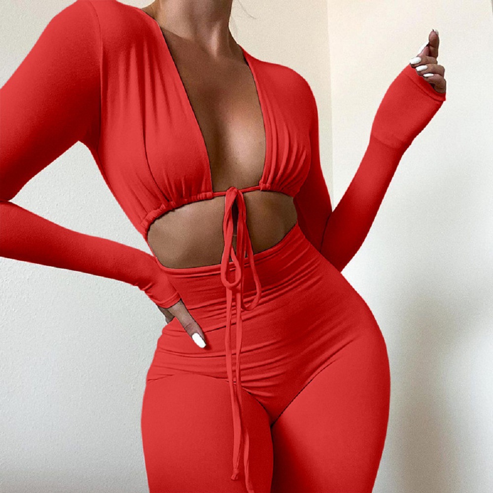 Women's Sexy Cutout Lace-Up Long Sleeve Slim Jumpsuit