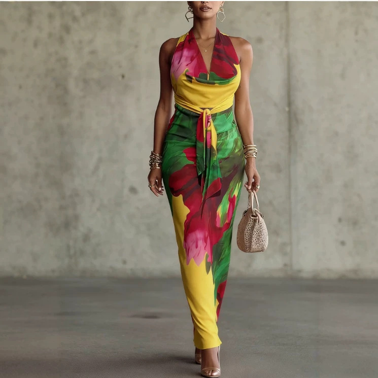 Floral Print Backless Cami Bodycon Midi Dress
