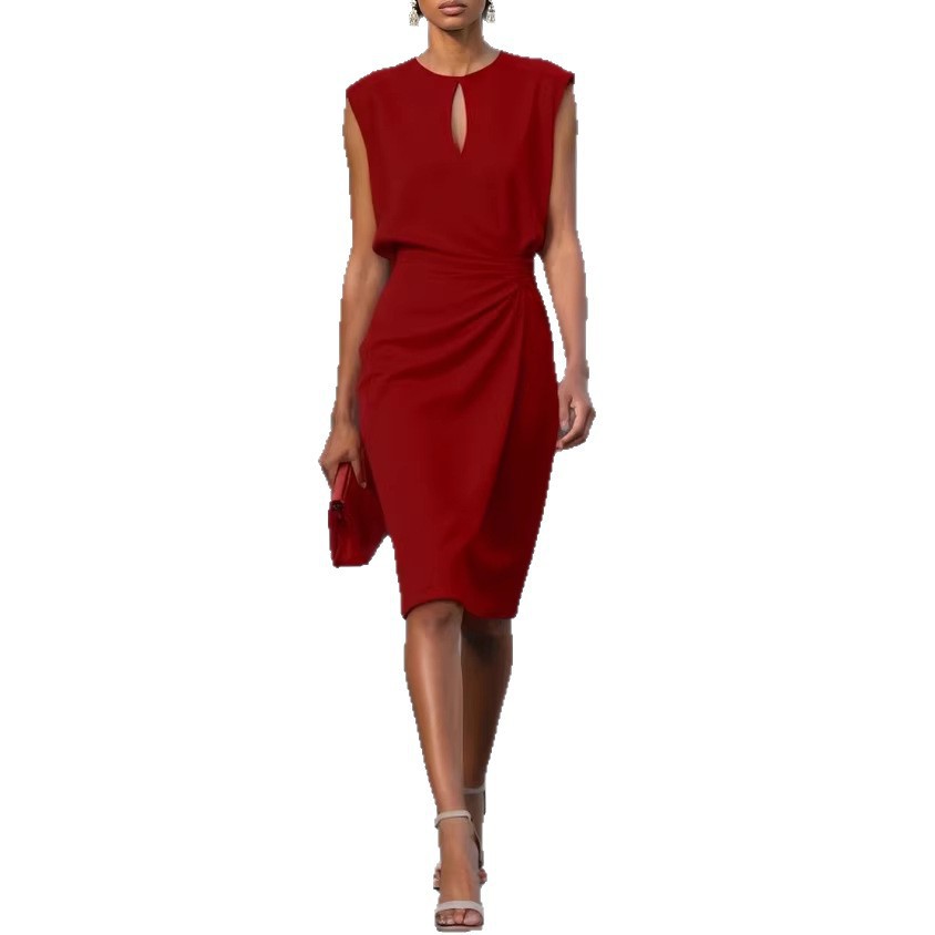Women's Summer Sleeveless Dress Solid Color Ruched Waist Round Neck Cutout