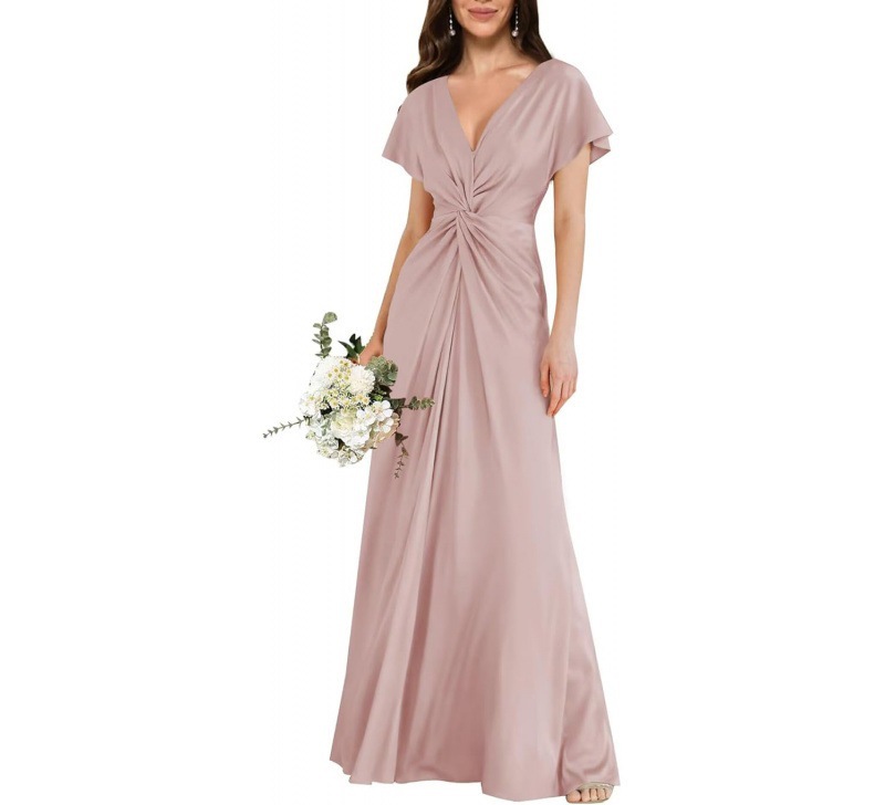 Satin Short Sleeve A-Line Dress V-Neck Midi Formal Party Bridesmaid