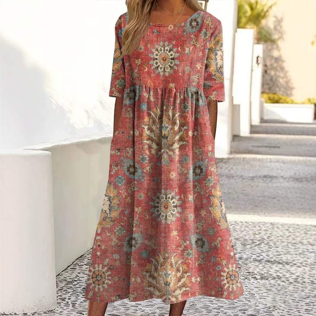 Women's Vintage Floral A-Line Midi Dress