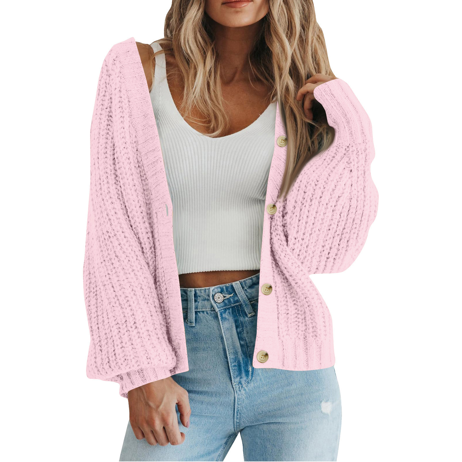 Women's Loose Knit Cardigan Sweater with Lantern Sleeves