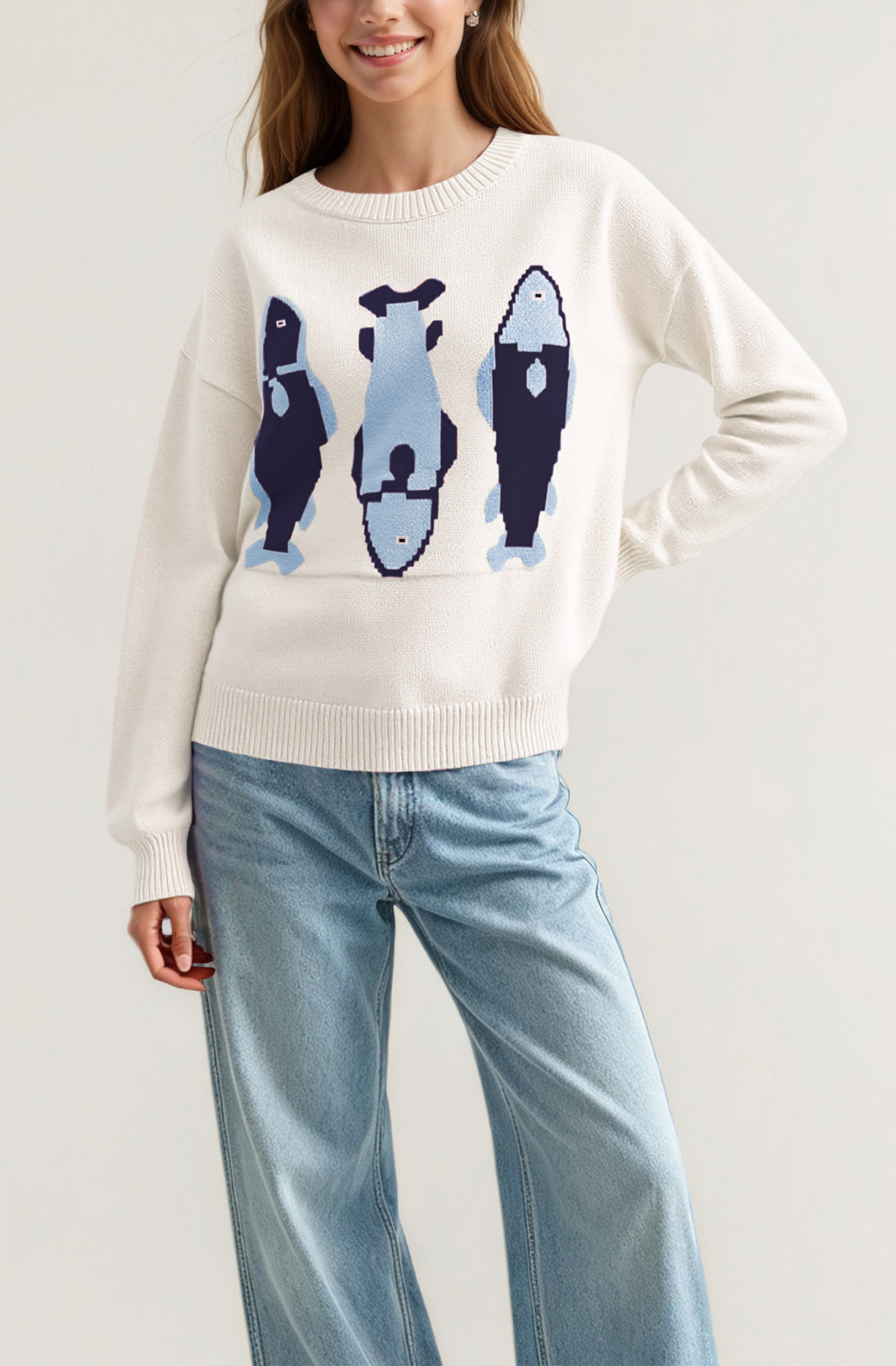 Women's Round Neck Loose Knit Pullover Sweater with Color Block Pattern