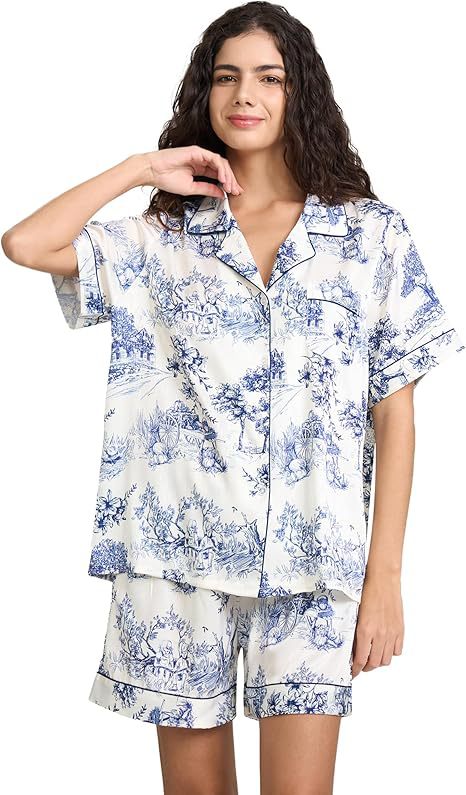 Women's Cuban Collar Satin Striped Print Short Sleeve Shirt Set