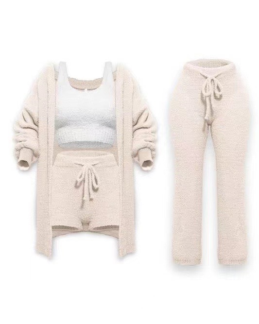 Knit Plush Long-Sleeve Cardigan, Vest & Shorts 3-Piece and 4-Piece Set