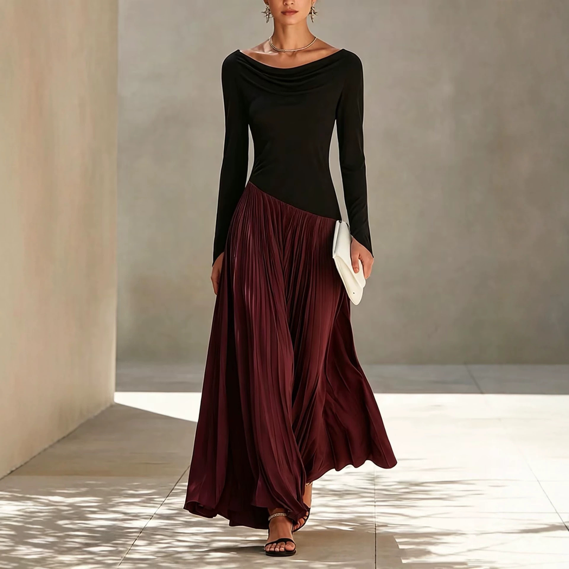 Minimalist Color-Block Draped-Neck Long Dress