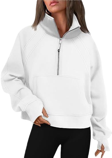 Women's Half-Zip Cropped Stand Collar Fleece-Lined Solid Hoodie