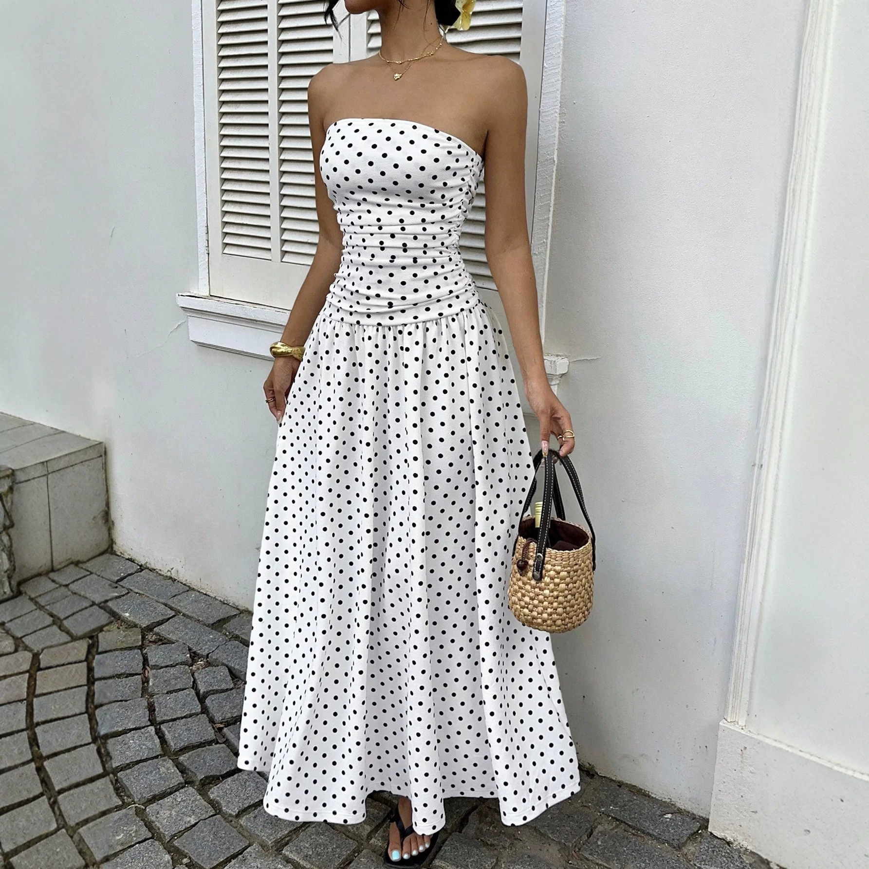 Sexy Off-Shoulder Polka Dot A-Line Dress with Waist-Cinching Slimming Evening Gown
