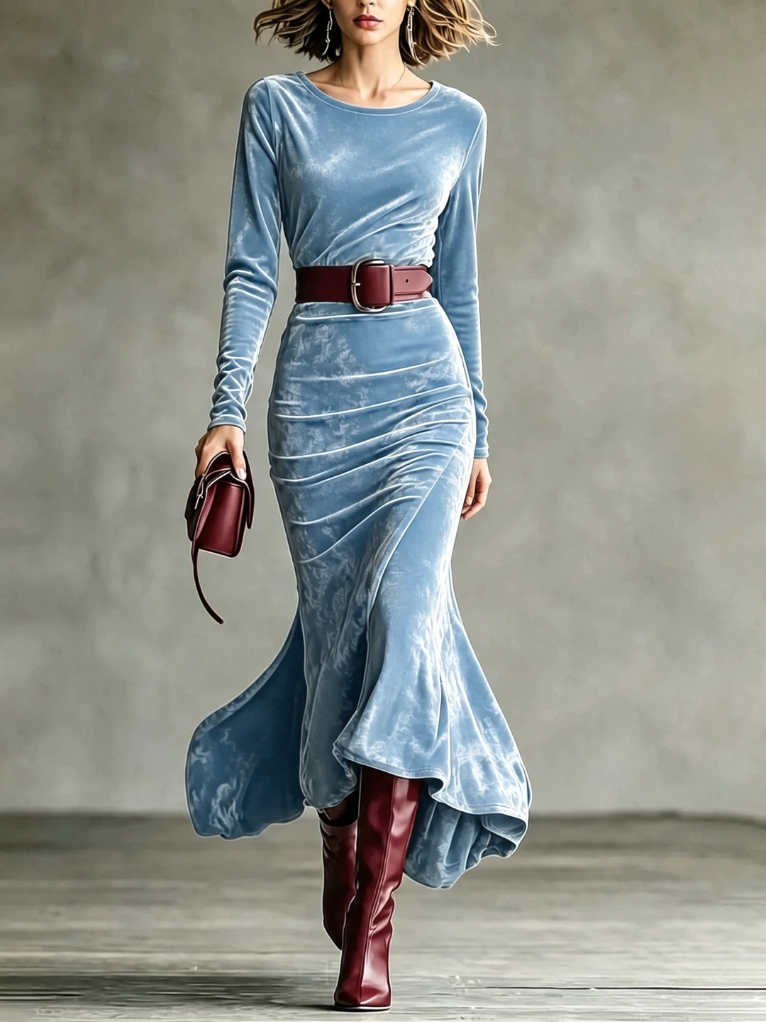 Elegant Velvet Long Sleeve Round Neck Slim Fit Mermaid Dress