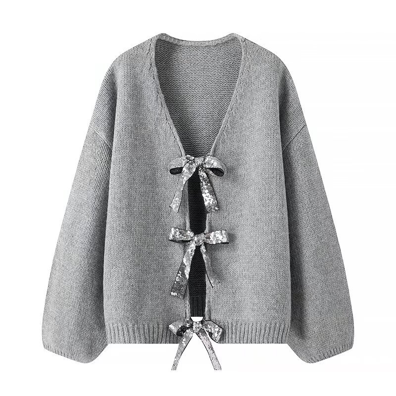 Sequin Bow Knit Cardigan Sweater