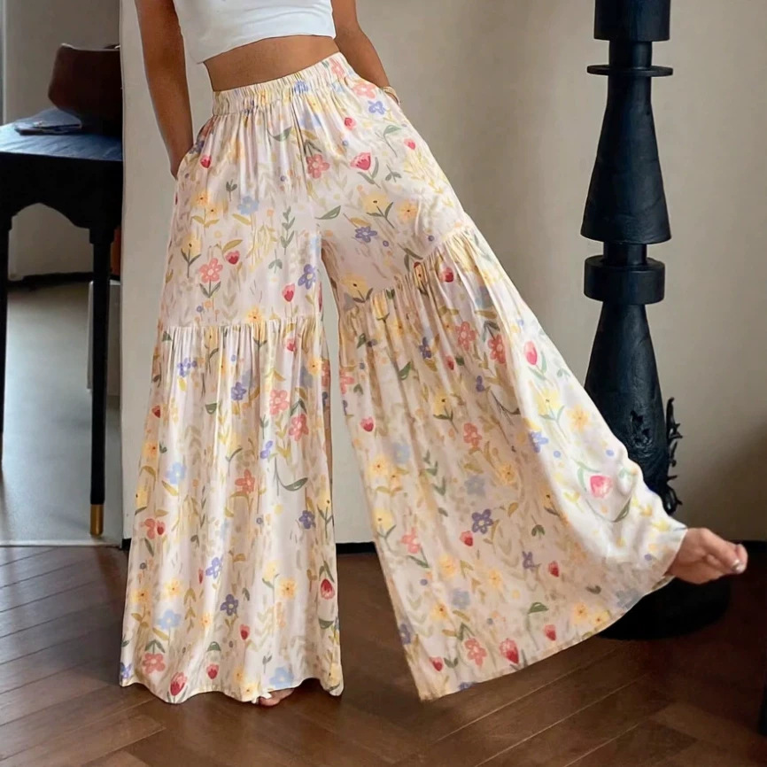 High-Waist Floral Wide-Leg Pants Casual Loose Fit