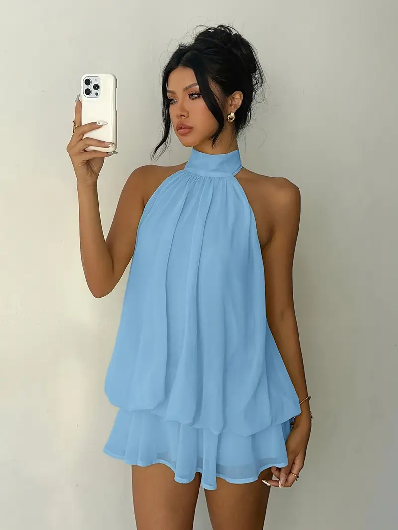 Solid Halter Open-Back Fitted Top Puff Mini Dress