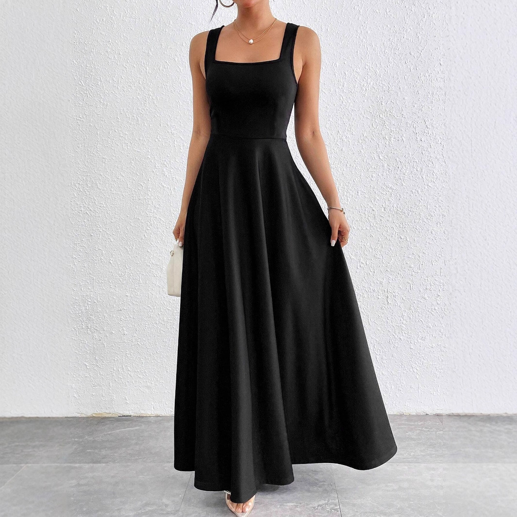 Elegant Square Neck Sleeveless Solid Color Maxi Dress
