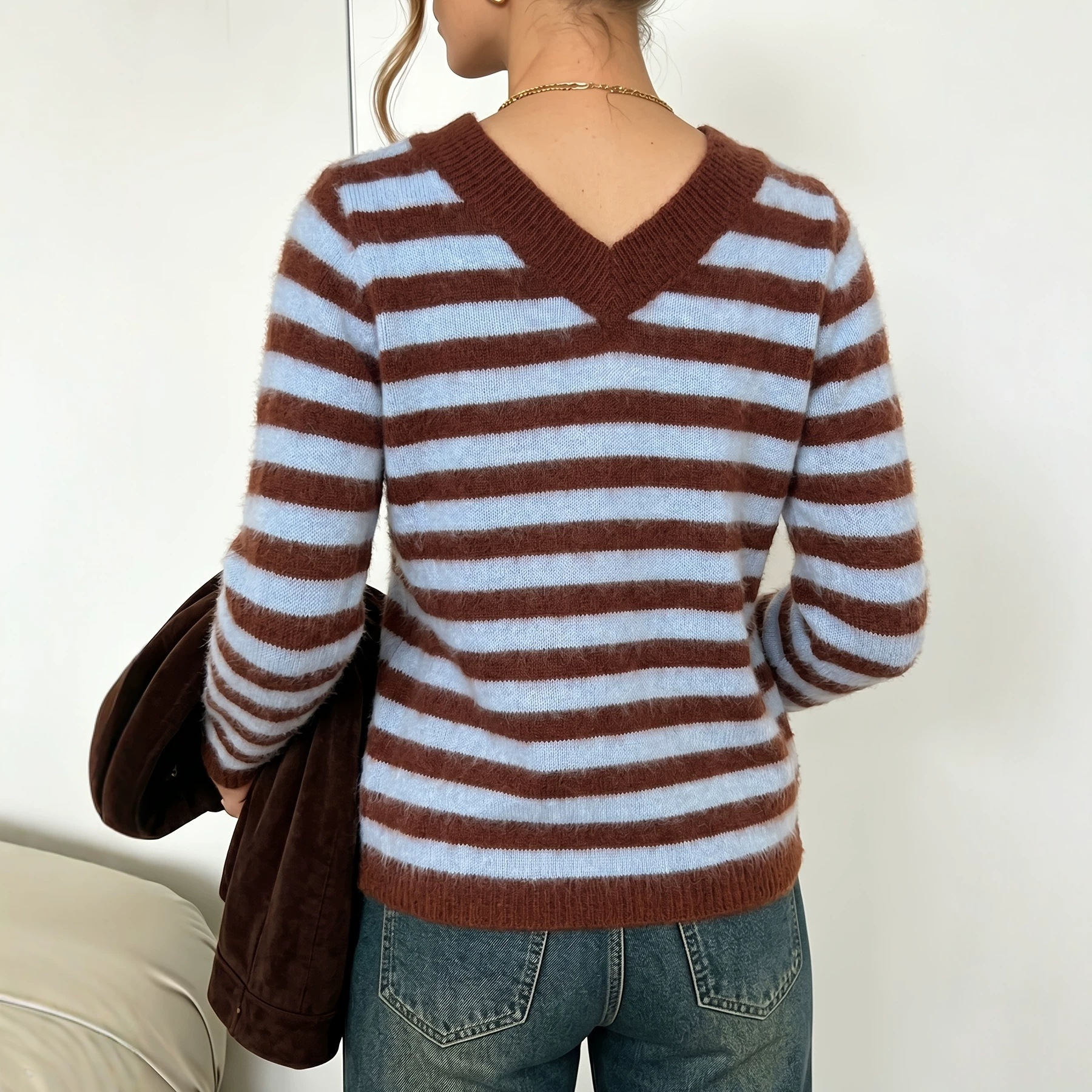 Women's Reversible V-Neck Striped Knit Sweater Loose Casual Pullover