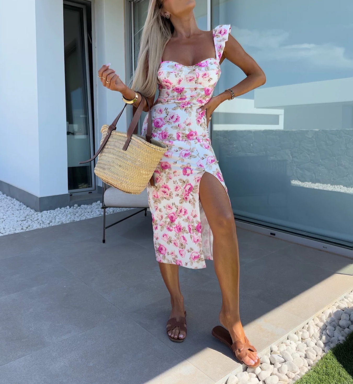 Elegant French Floral Slip Dress with Slit