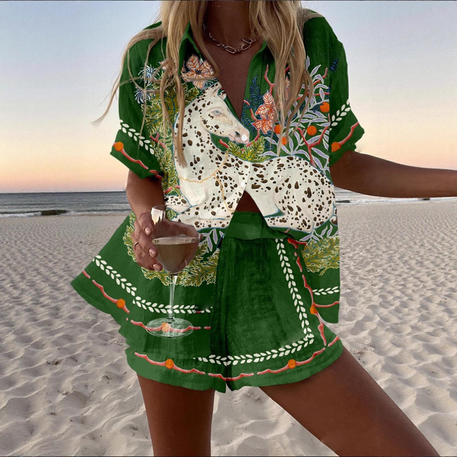 Women's Animal Print Short Sleeve Collared Top Set