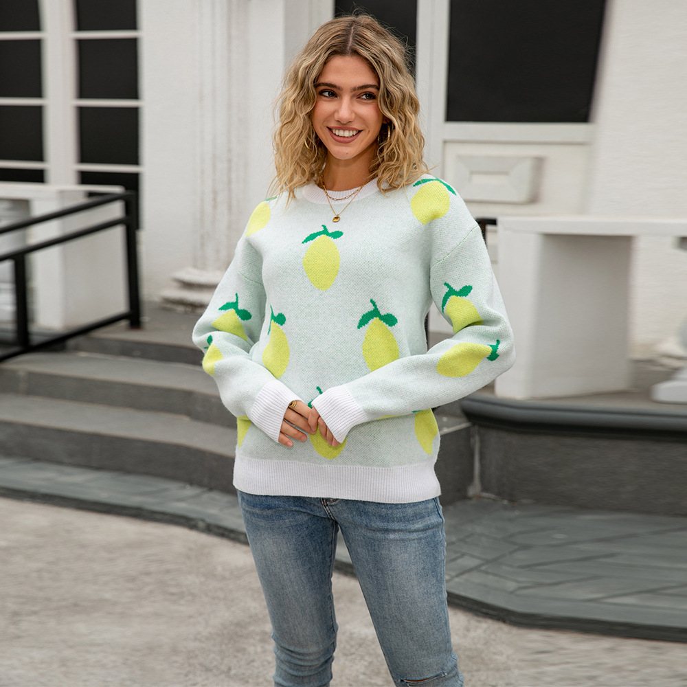 Lemon Jacquard Knit Sweater Women's Loose Crewneck Pullover
