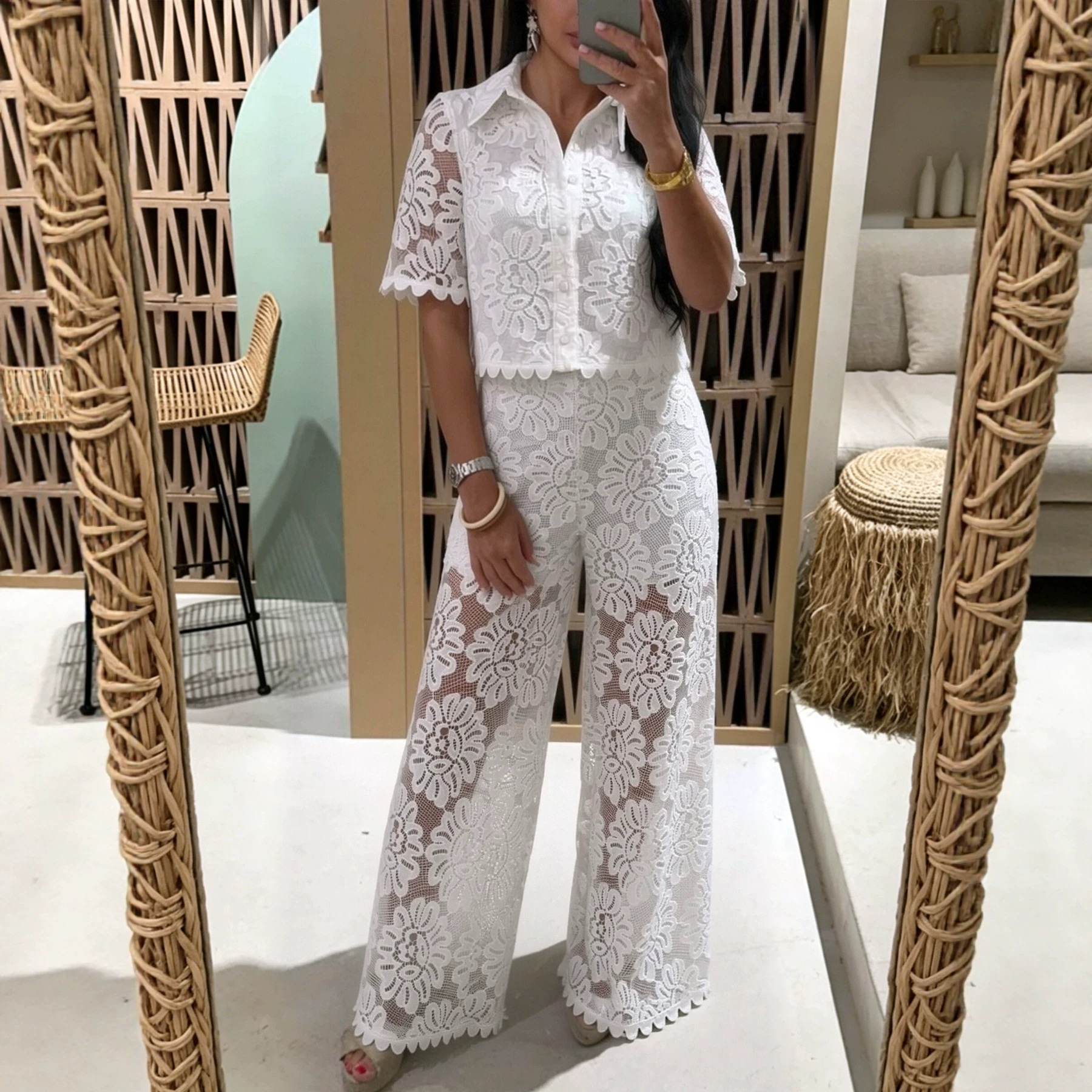 Women's Lace Crochet Short Sleeve Collared High Waist Pants Set