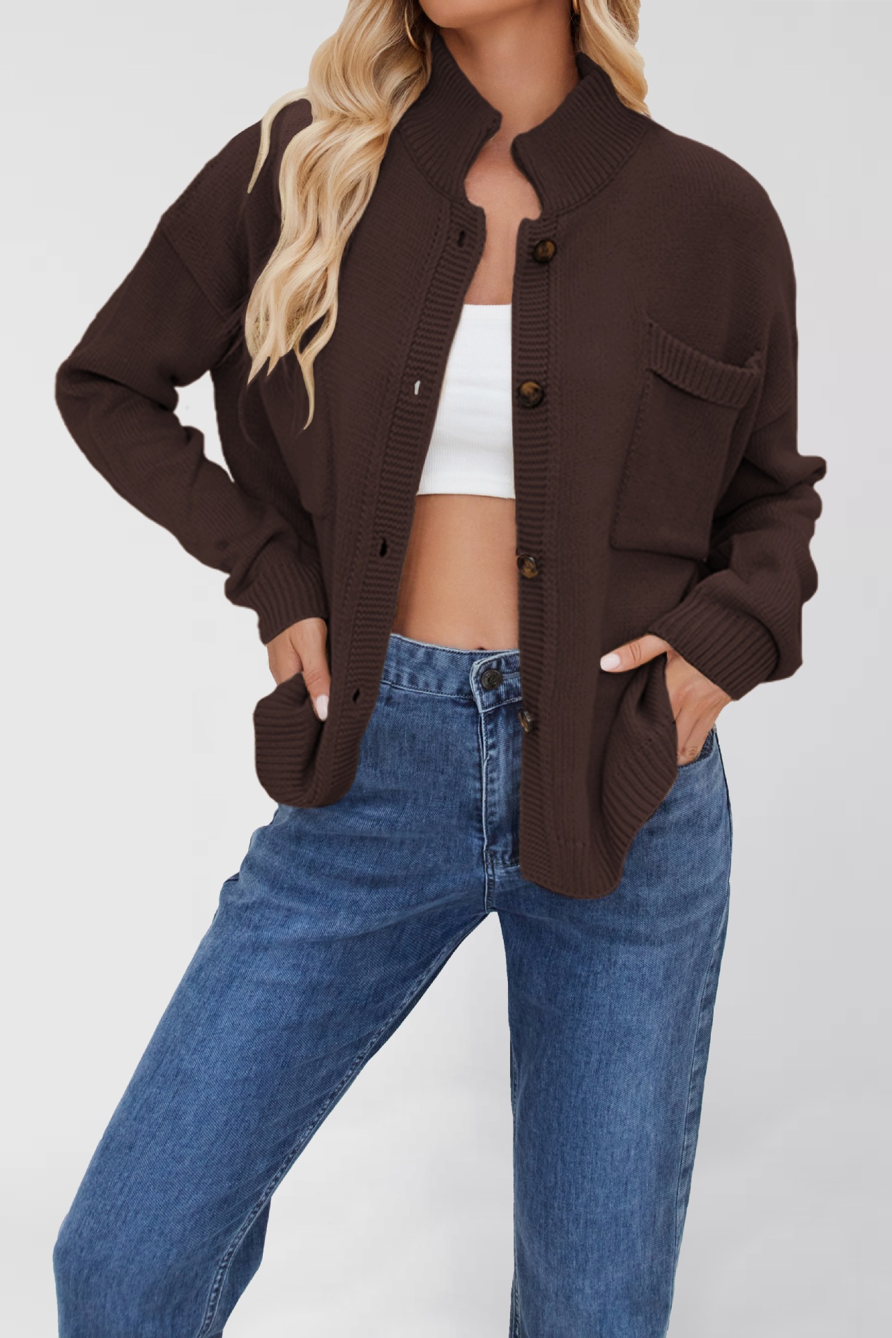 Women's Knit Stand Collar Cardigan Sweater Plus Size Solid Color