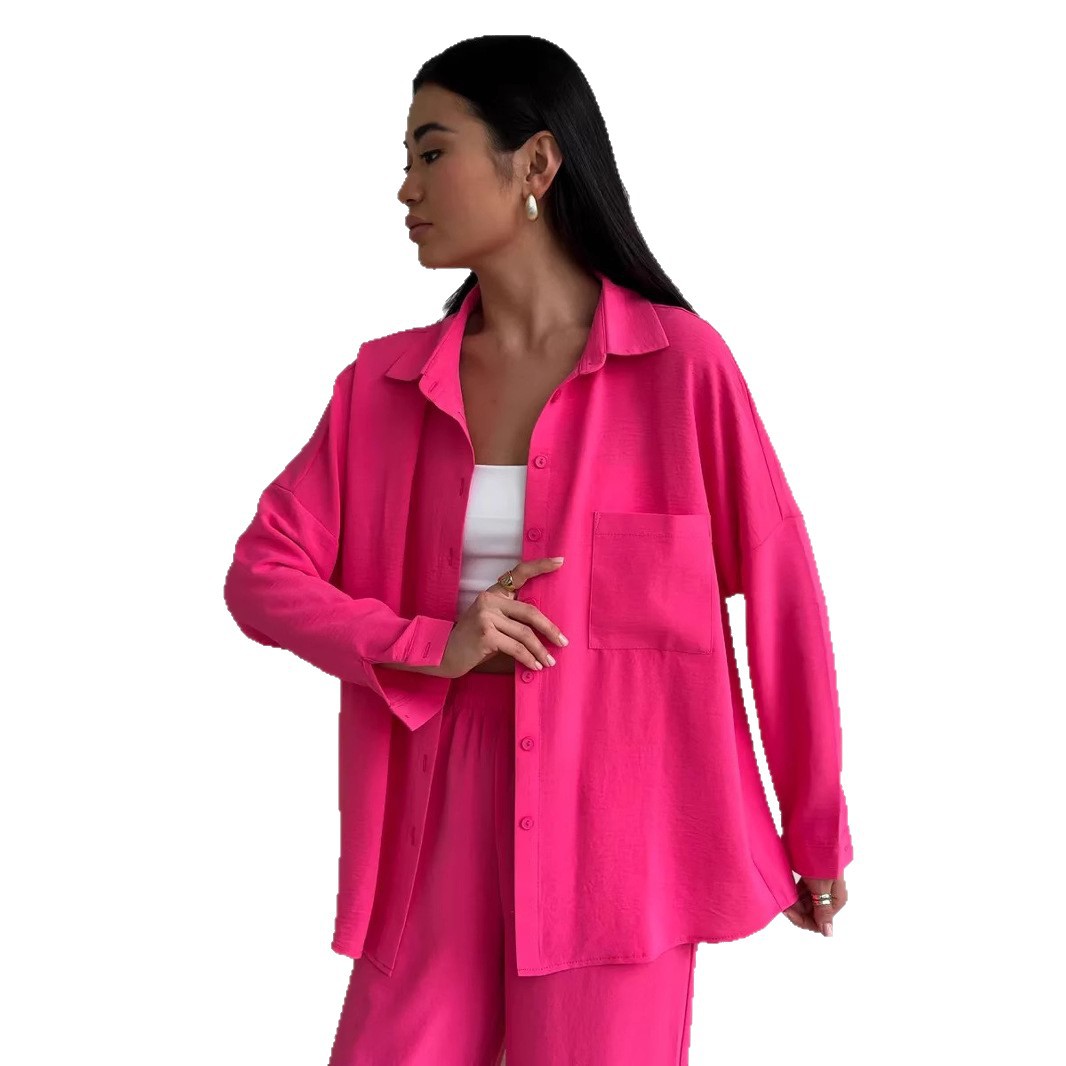 Women's Solid Color Cardigan and Wide-Leg Pants Set with Pockets