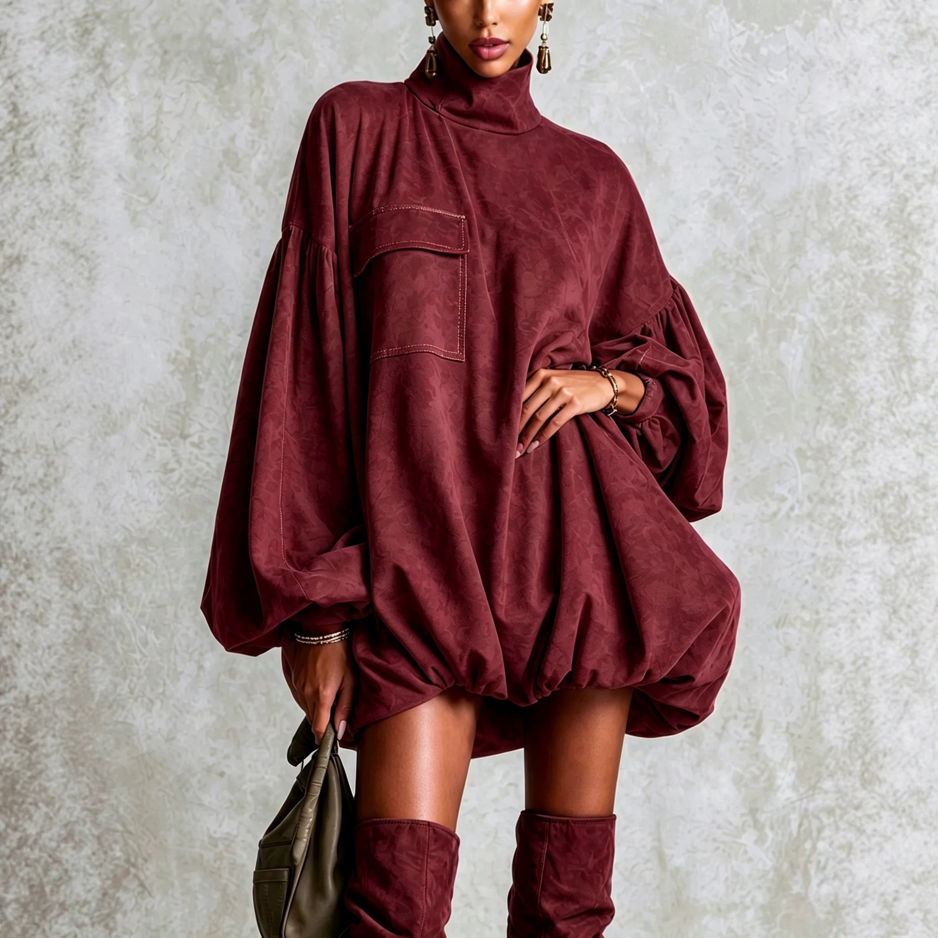Women's High Neck Lantern Sleeve Bubble Hem Mini Dress with Pockets