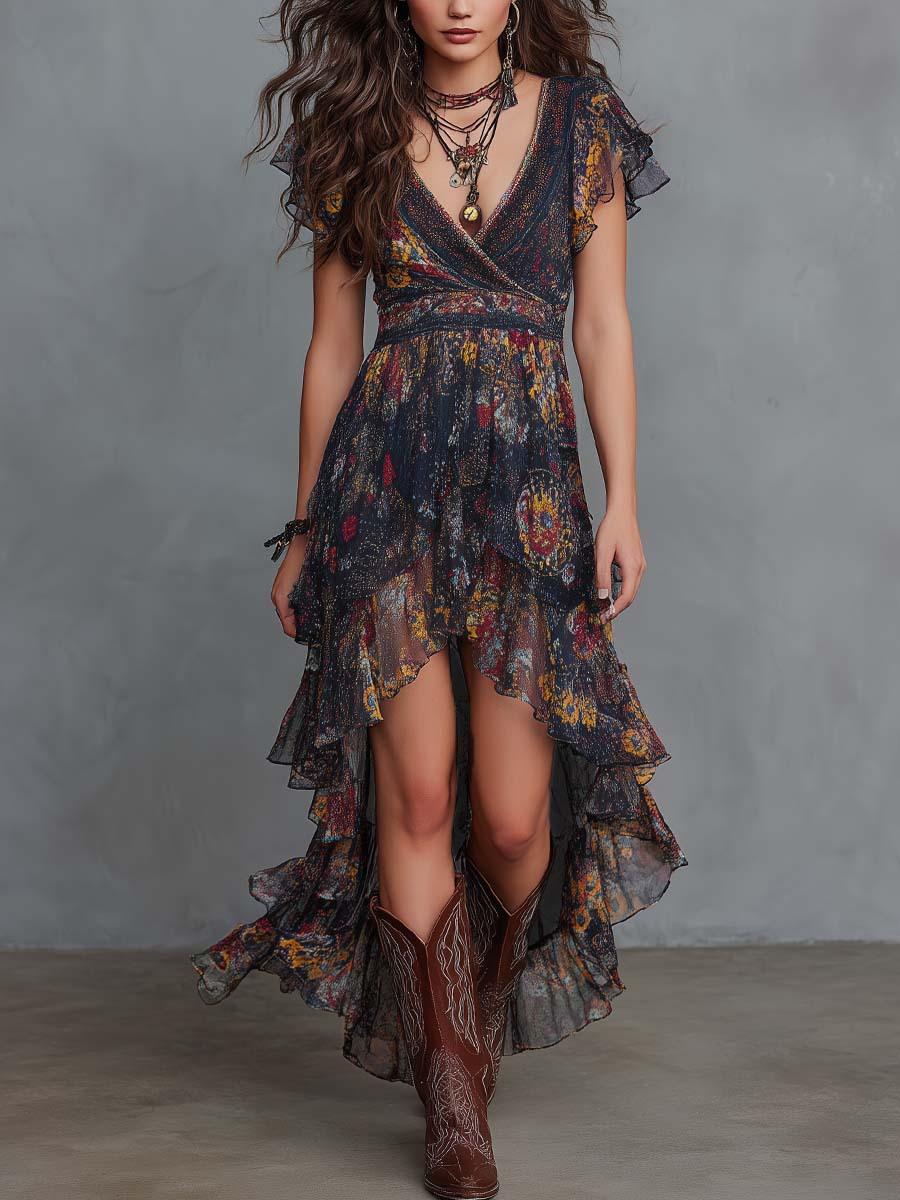 V-Neck Floral Midi Dress with Asymmetrical Ruffle Hem