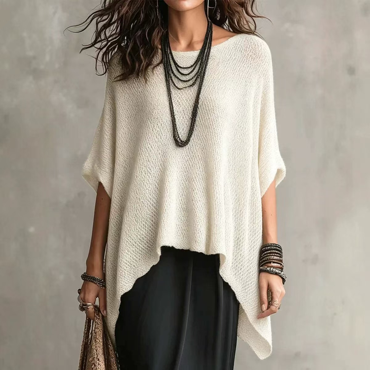 Women's Open Knit Top with Asymmetric Hem and Batwing Sleeves