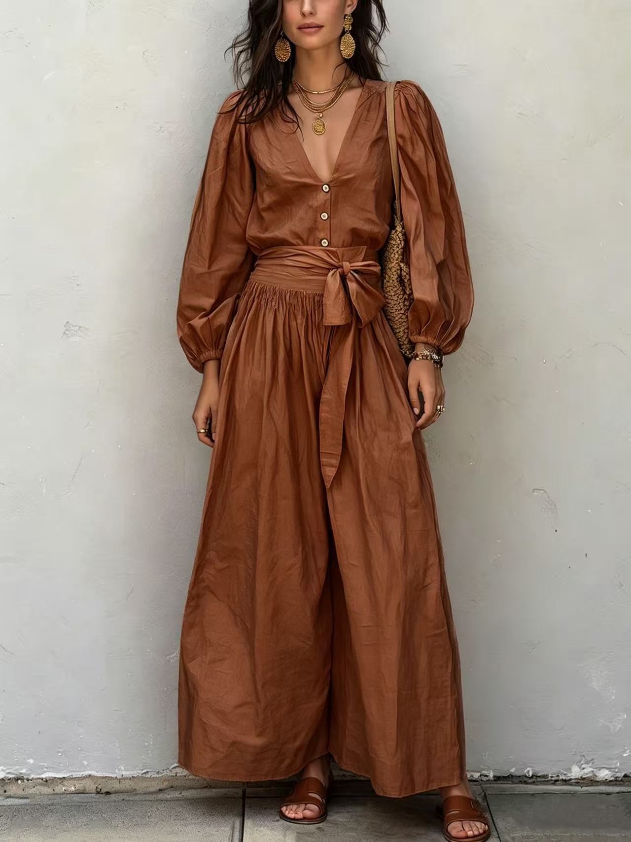 V-Neck Long-Sleeve Tie-Waist Pleated Pants Set