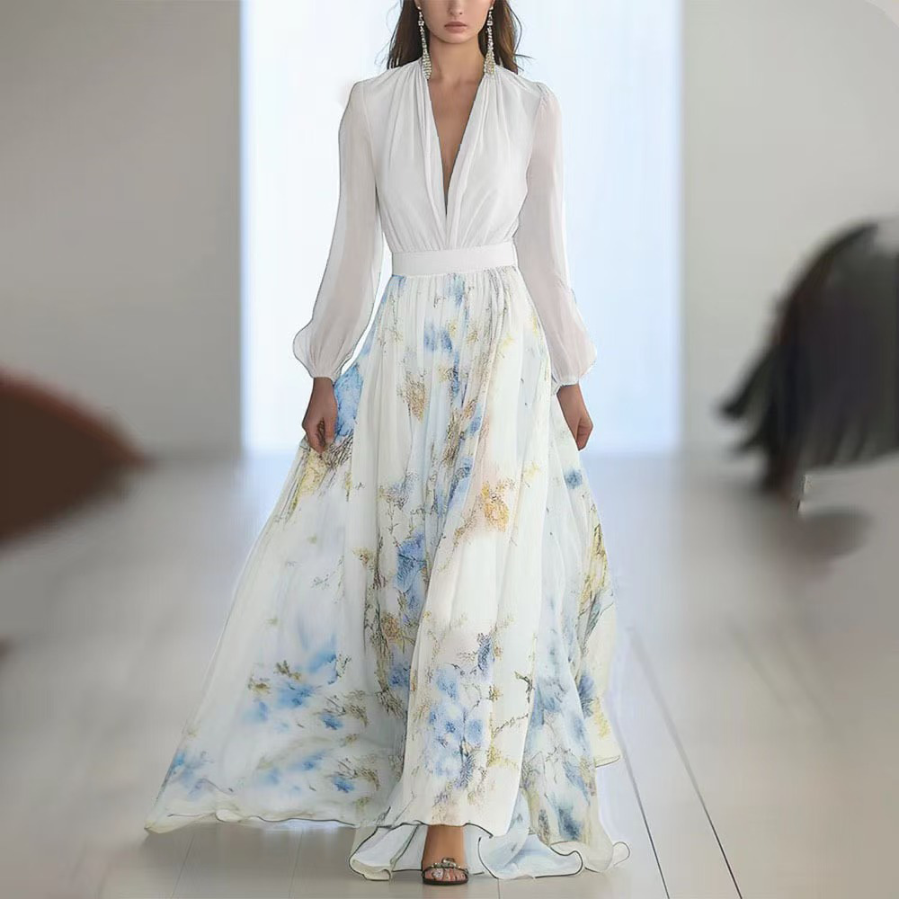 Digital Print Long Sleeve V-Neck Midi Dress