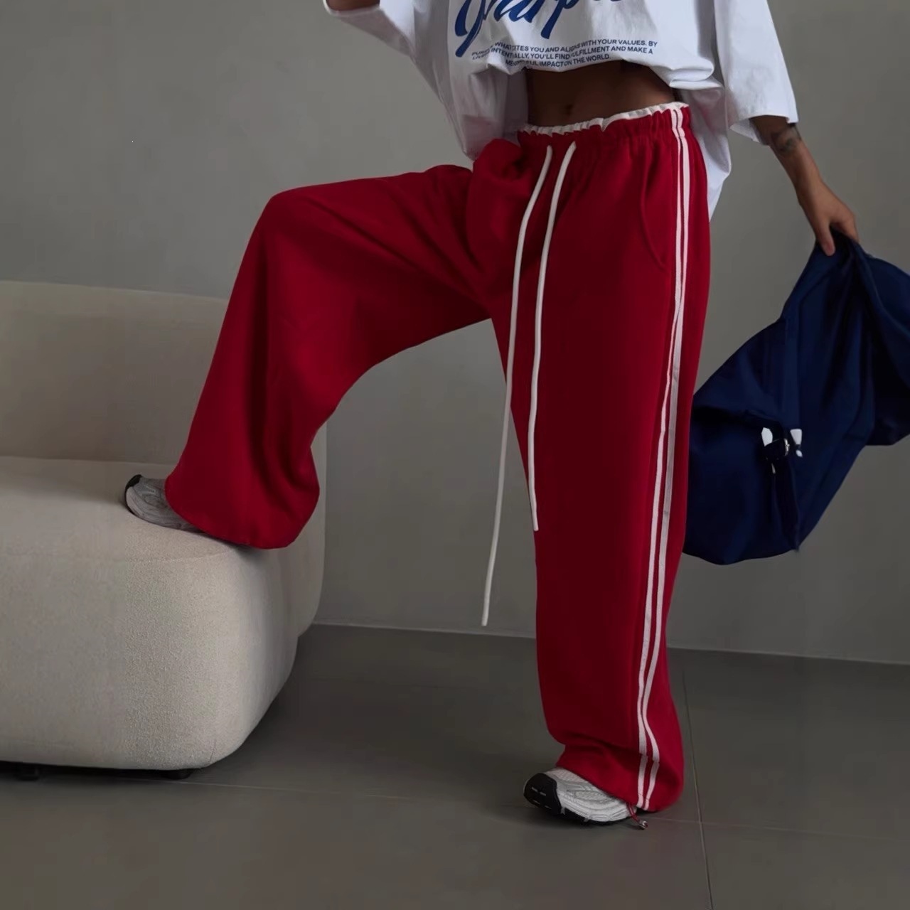 Side-Stripe High-Waist Straight-Leg Wide-Leg Pants Retro Sporty Relaxed Casual Women's