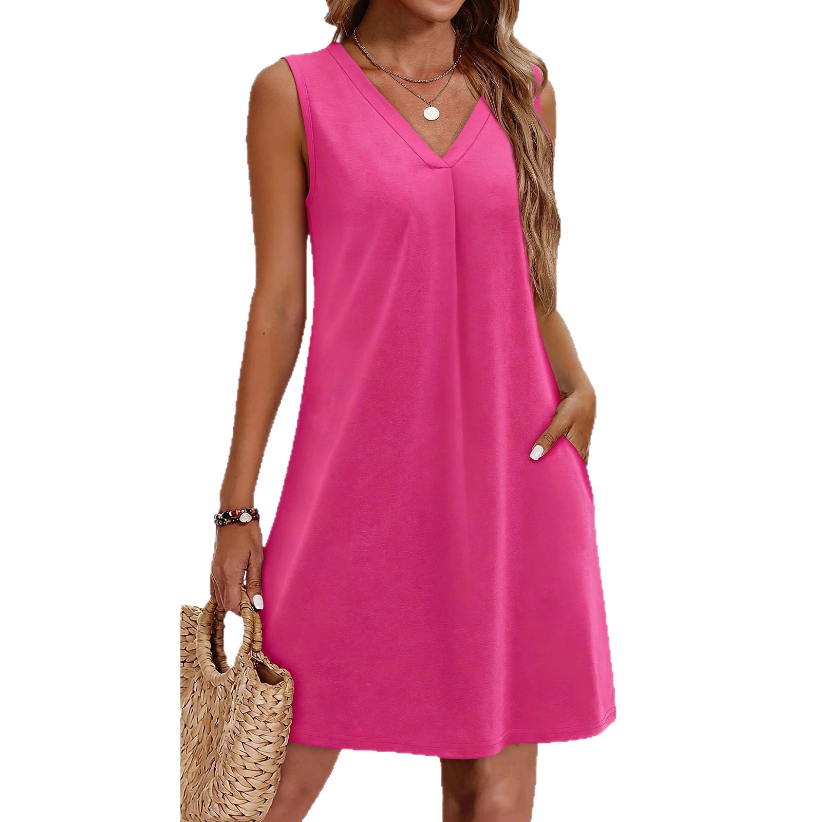 Women's Sleeveless V-Neck A-Line Midi Dress Solid Casual