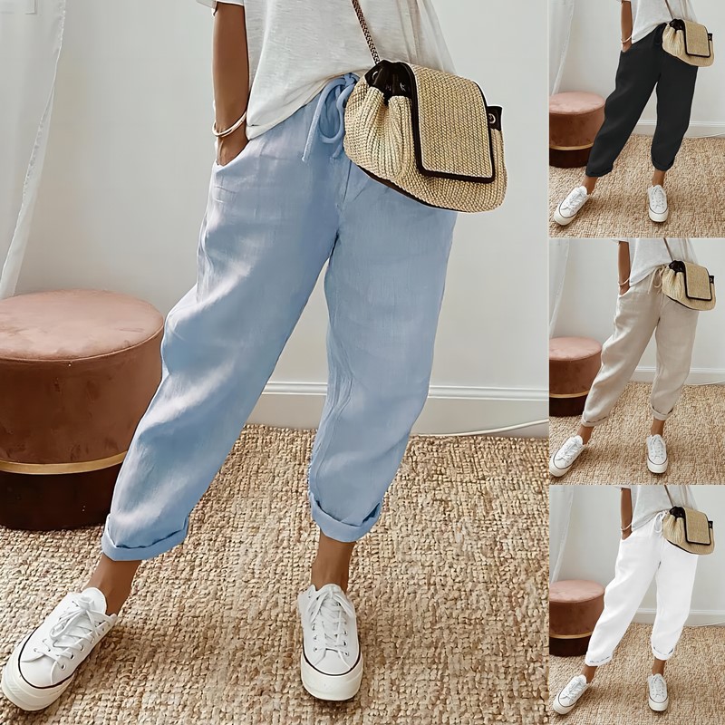 Women's Pure Cotton Elastic Waist Cropped Pants with Pockets