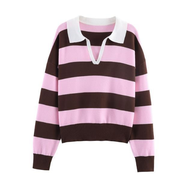 Women's Casual Loose Striped Polo Shirt Long Sleeve
