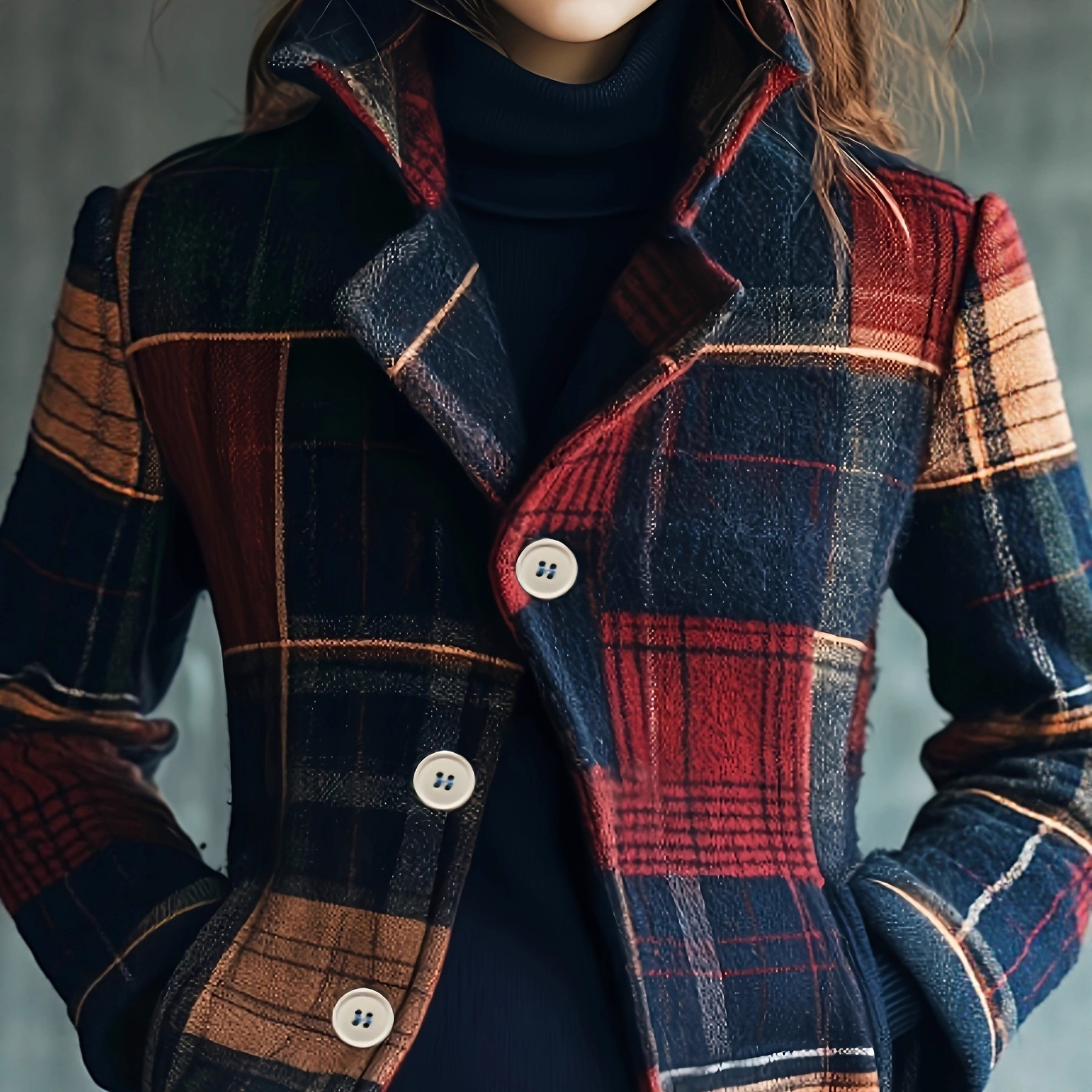 Women's Button-Up Plaid Cropped Jacket with Lapel Collar