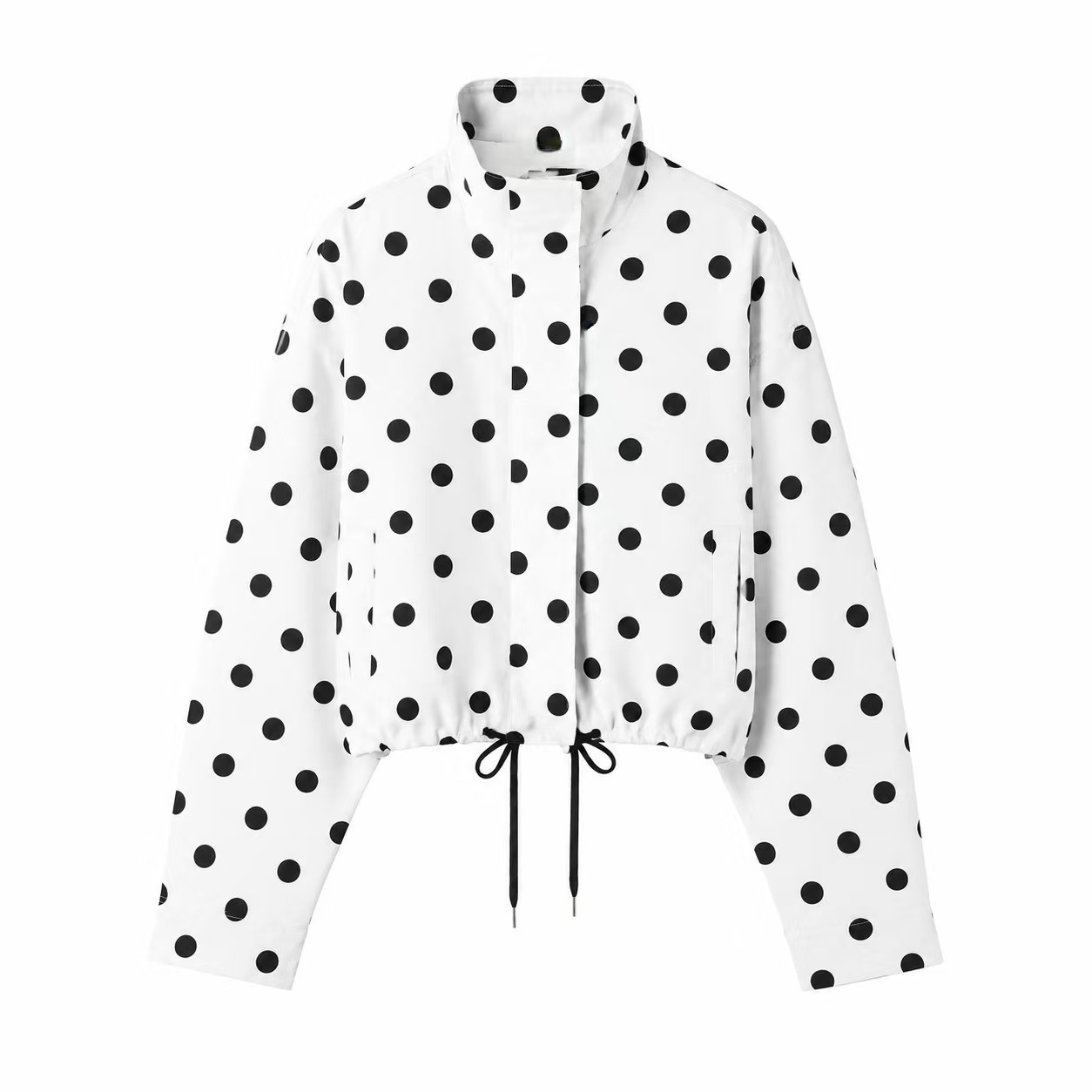 Women's Polka Dot Zip-Up Jacket with Drawstring Stand Collar