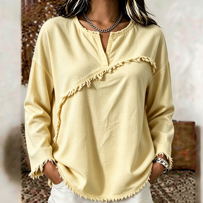 Women's Textured Fringe Tassel Retro Crewneck Long Sleeve Top Blouse