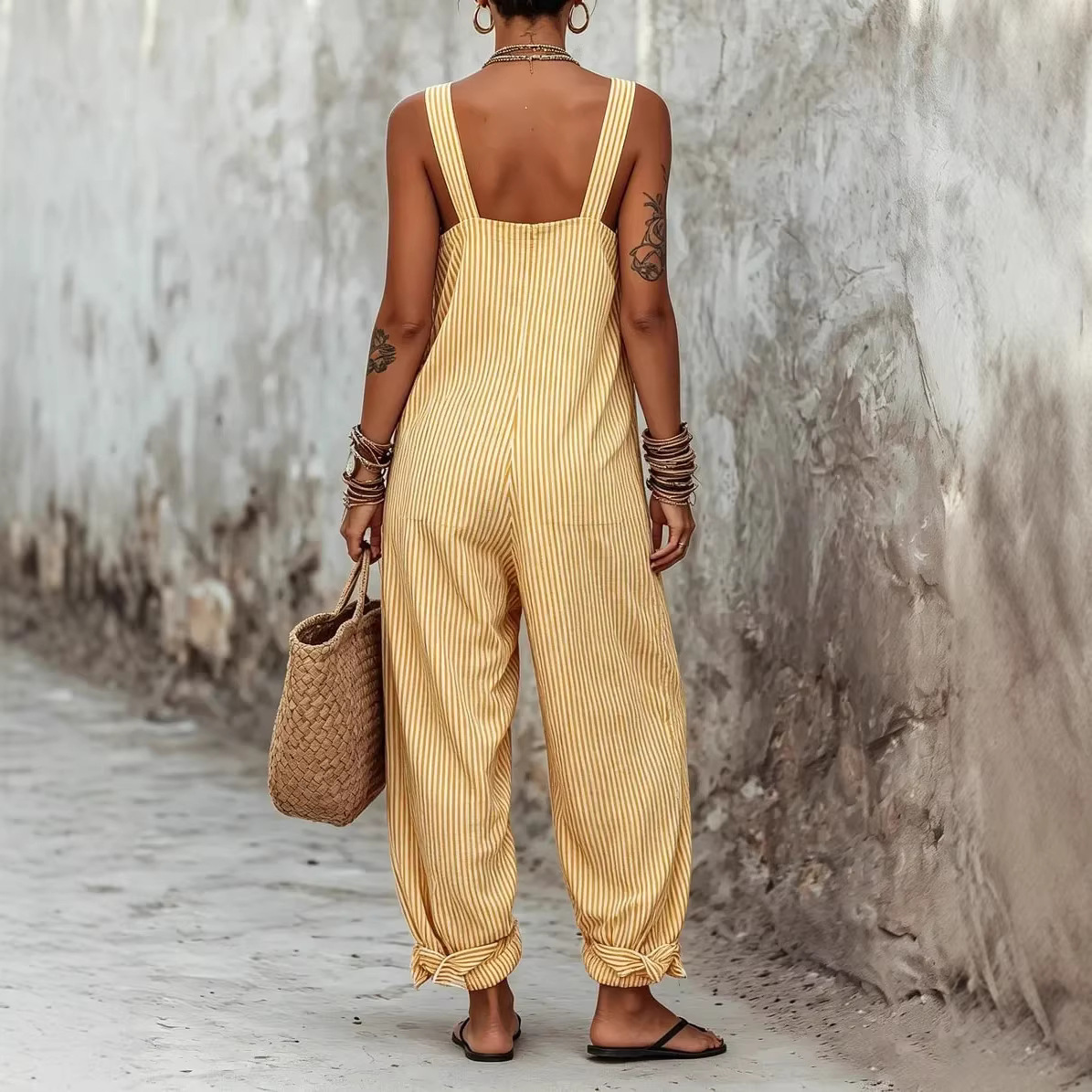 Women's Sleeveless Striped Print Loose Casual Jumpsuit