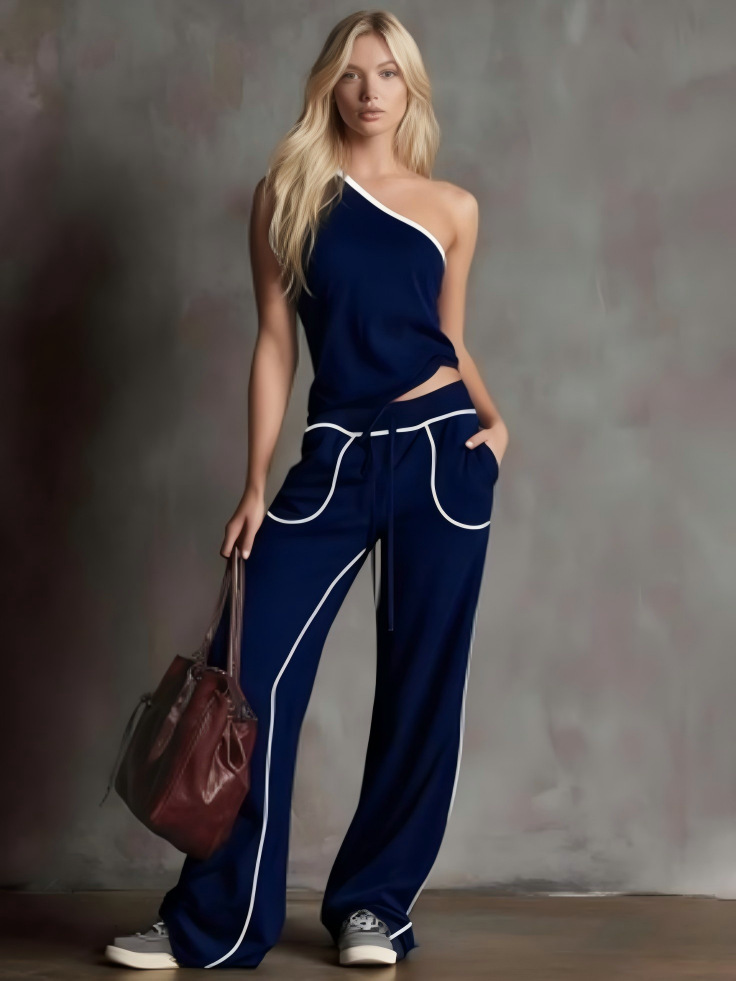 Women's Straight-Leg Wide-Leg Pants & One-Shoulder Top Two-Piece Set