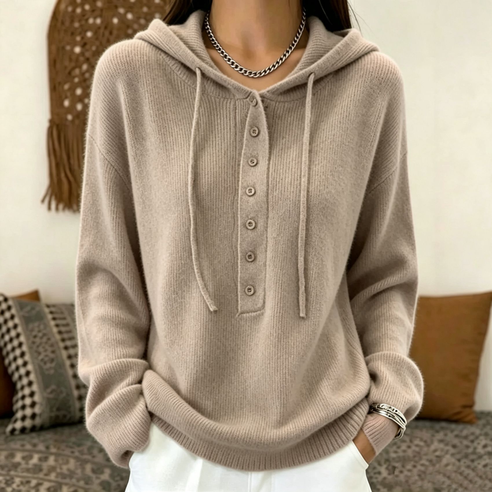 Women's Solid Color Long Sleeve Hooded Lace-Up Knit Pullover Sweater