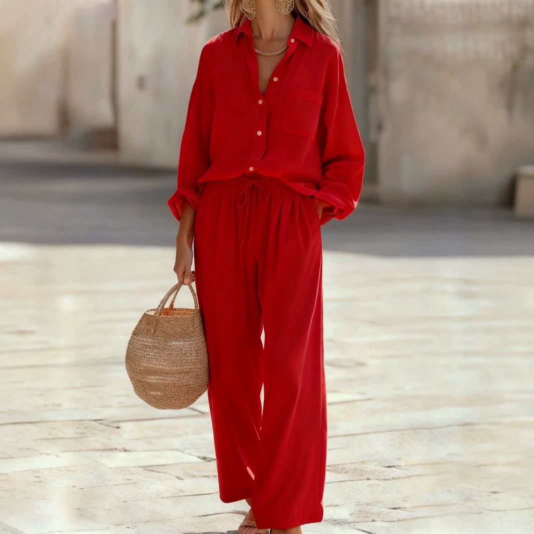 Women's Solid Color Faux Linen Long Sleeve Shirt and Pants Set