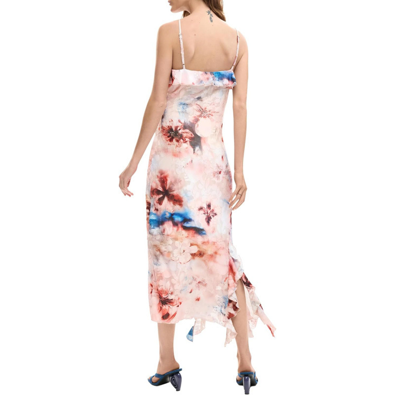 Pink Sleeveless Midi Dress with One-Shoulder Neckline and Asymmetrical Hem