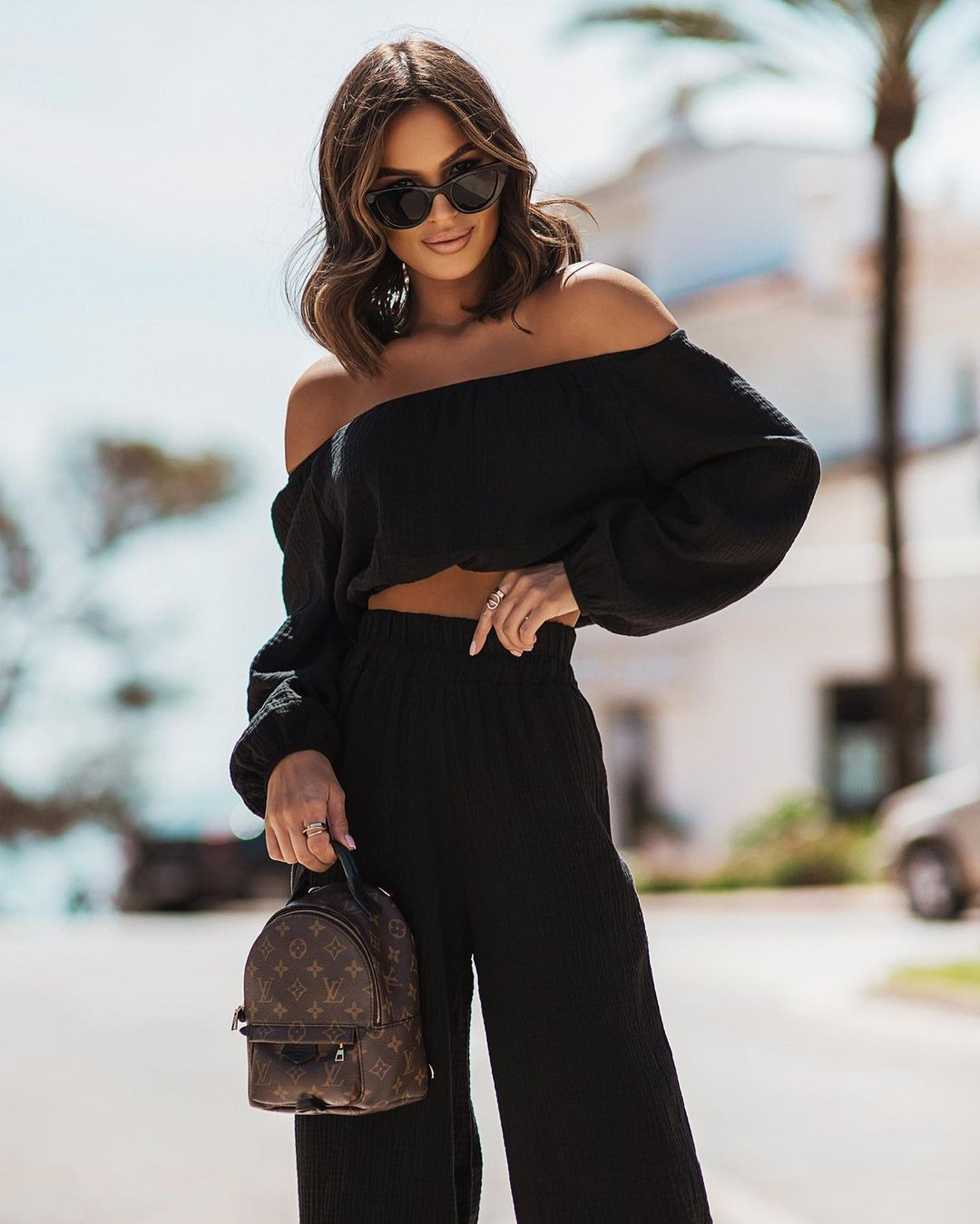 Off-Shoulder Short-Sleeve Top and Straight-Leg Pants Set Solid Color Commuter Two-Piece