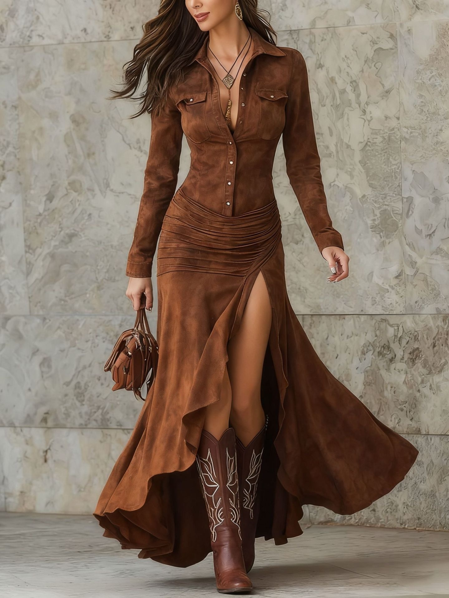 Slim Fit Zip-Up High Neck Long Split Dress