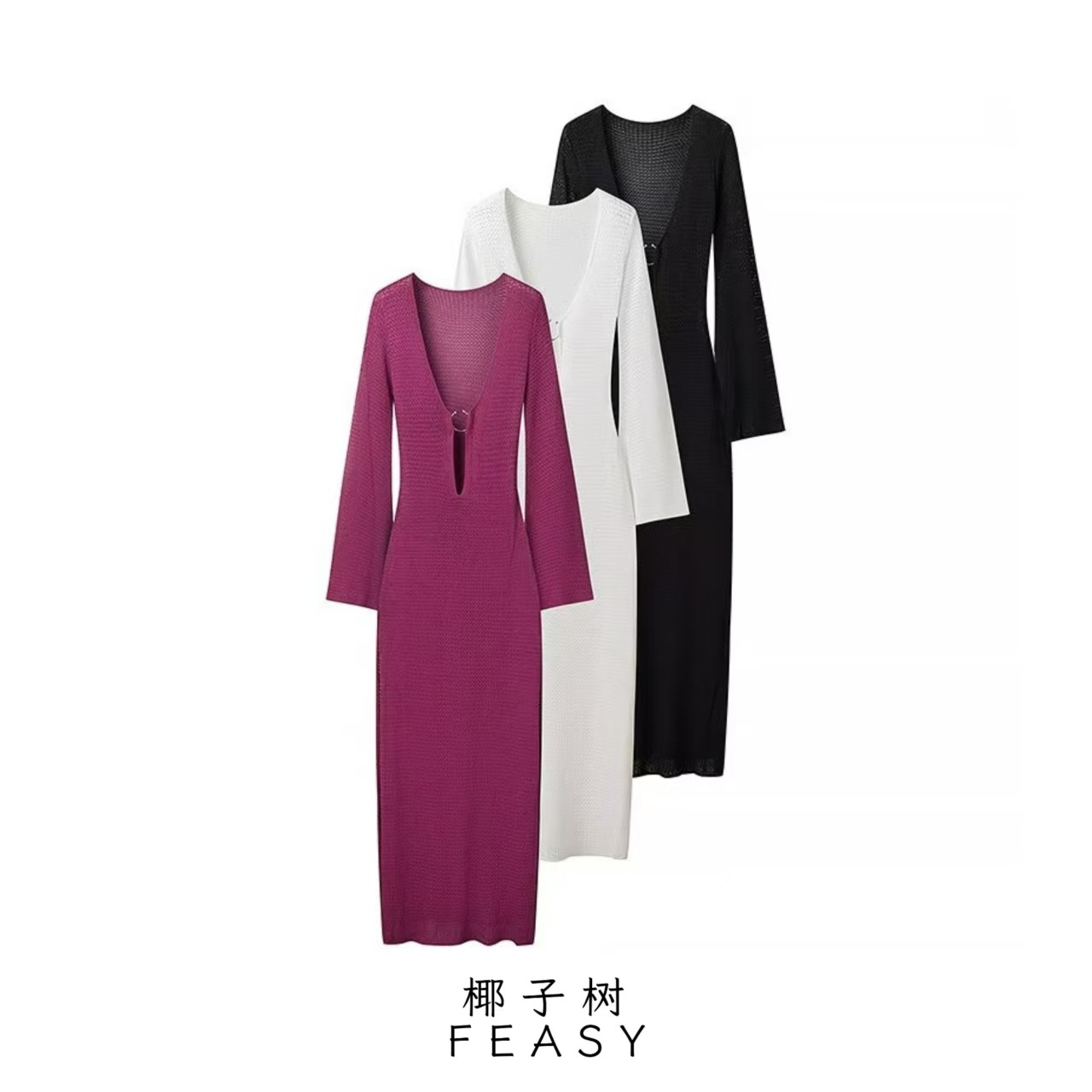 V-Neck Bell Sleeve Pleated Long Dress