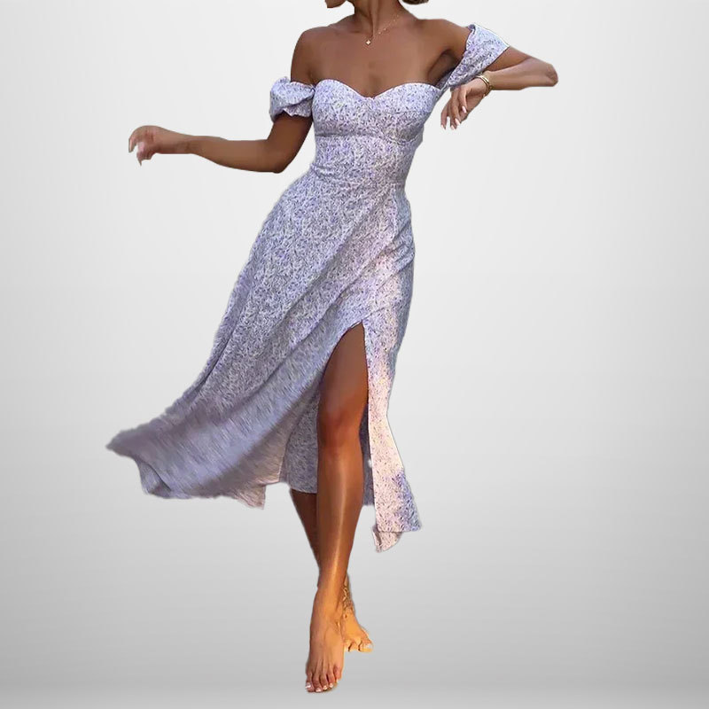 Floral Off-Shoulder High-Slit A-Line Midi Dress