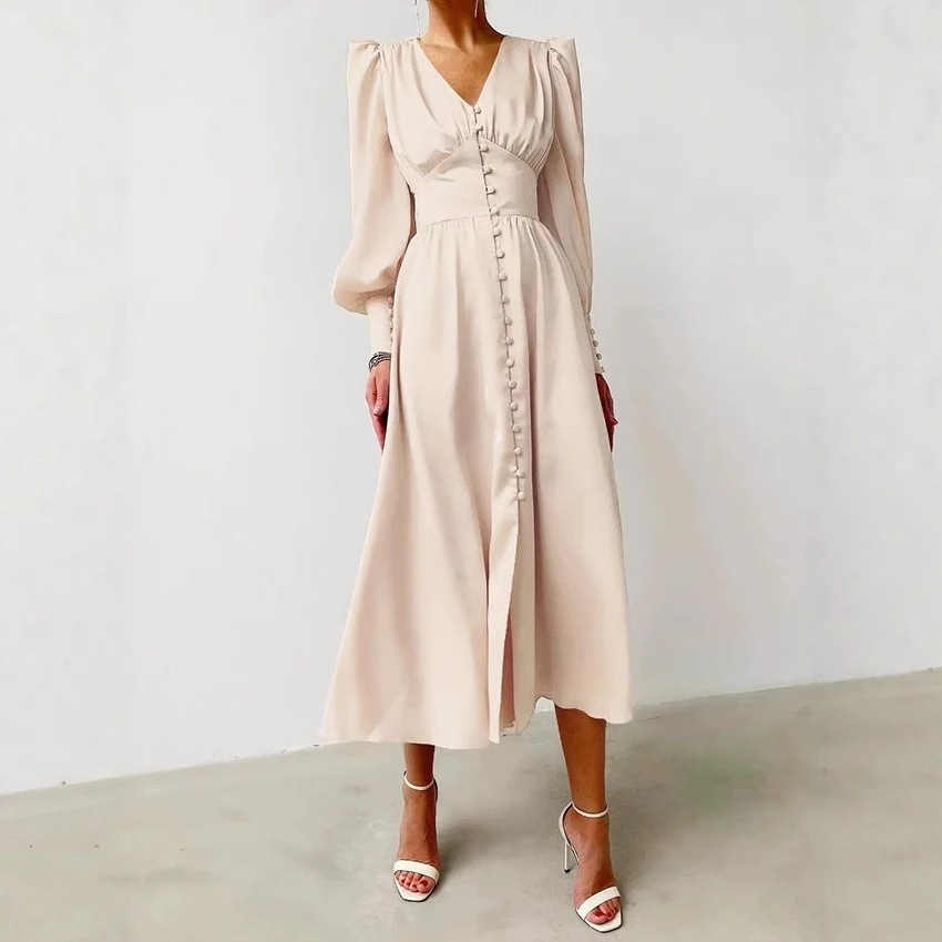 Satin Lantern-Sleeve High-Waist Slimming Long Dress