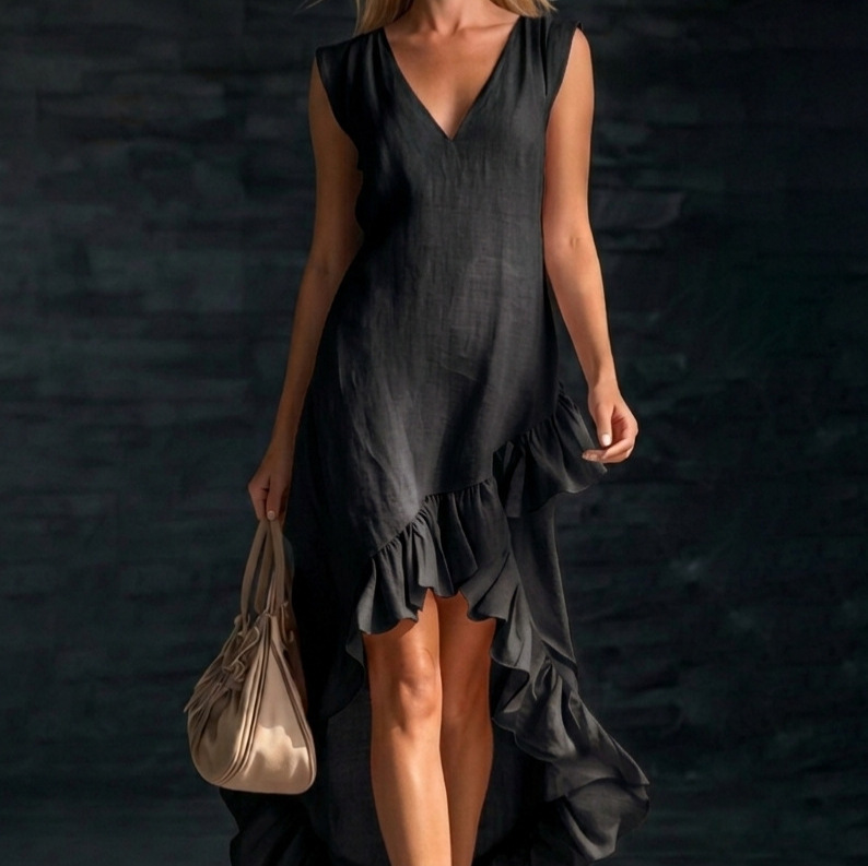 Women's Sleeveless V-Neck Ruffle Hem Midi Dress